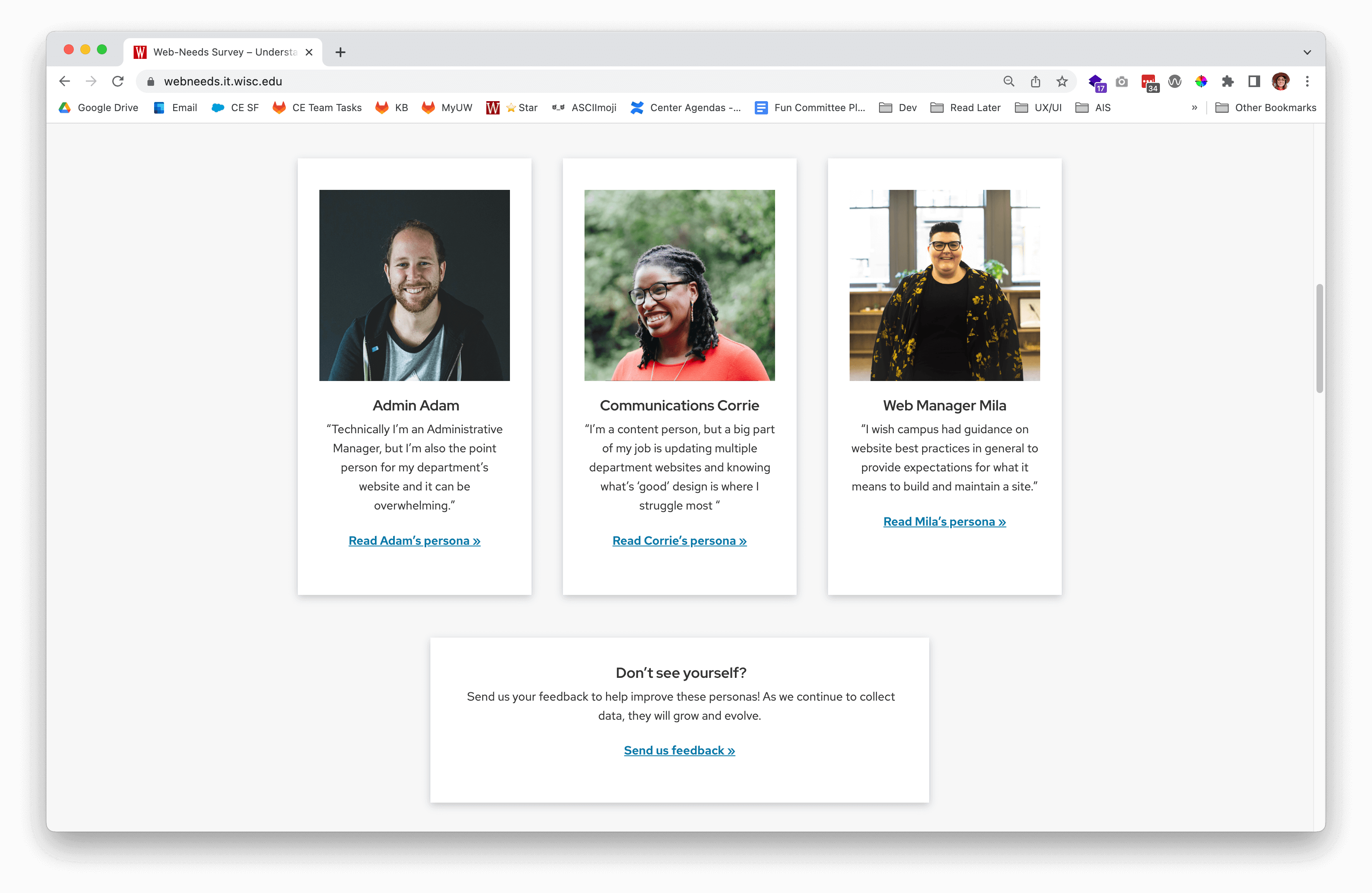 Three fictional personas that represent the different user types of DoIT web services. These include one person who is an administrative manager, another who is a communications specialist, and the last one is a website manager.