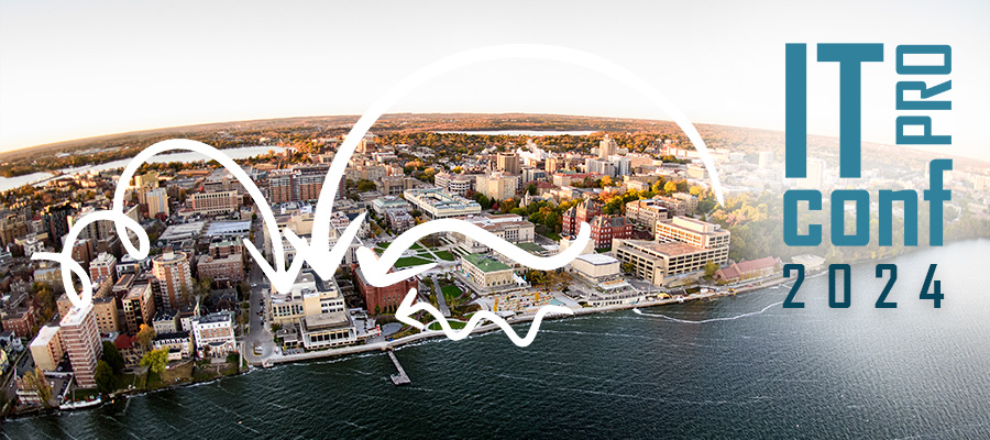 IT Professionals Conference 2024. Aerial view of UW–Madison campus with arrows pointing to the Pyle Center.