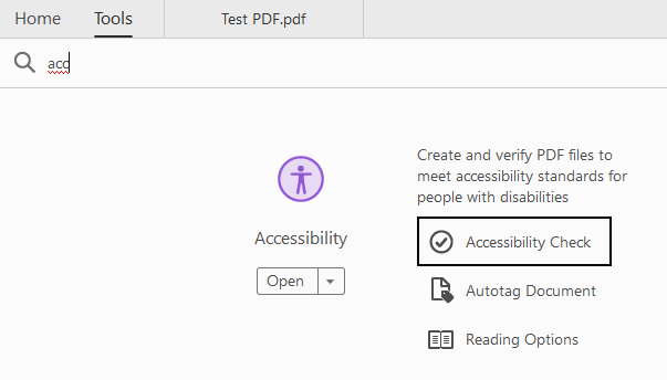 Adobe Acrobat application with Tools tab open. Accessibility is entered in search bar, and Accessibility Check button is circled in black