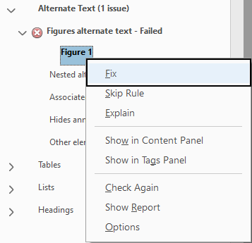 Acrobat Accessibility Checker with missing alt text issue expanded. "Fix" button is circled in expanded action menu