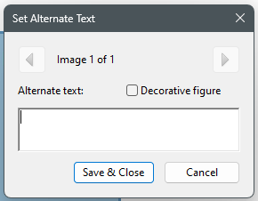 Acrobat PDF with Set Alternate Text dialog open