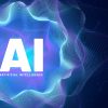 Text reading "AI artificial Intelligence" floats in a blue and purple soundwave illustration.