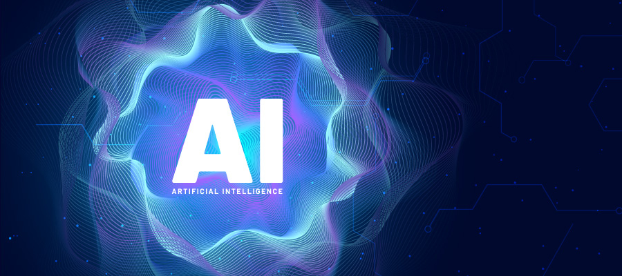 Text reading "AI artificial Intelligence" floats in a blue and purple soundwave illustration.