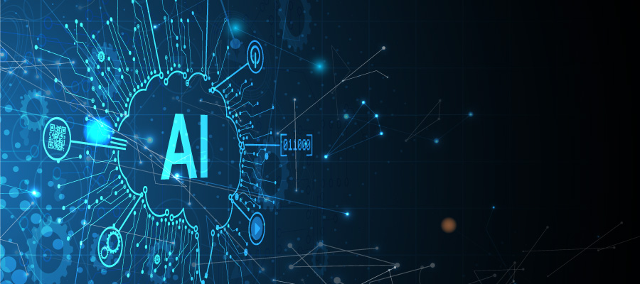 AI is written in a thought bubble on a circuit board