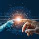 Hands of robot and human touching on big data network connection background