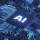 Glowing blue "AI" text is imprinted on a chip on a motherboard