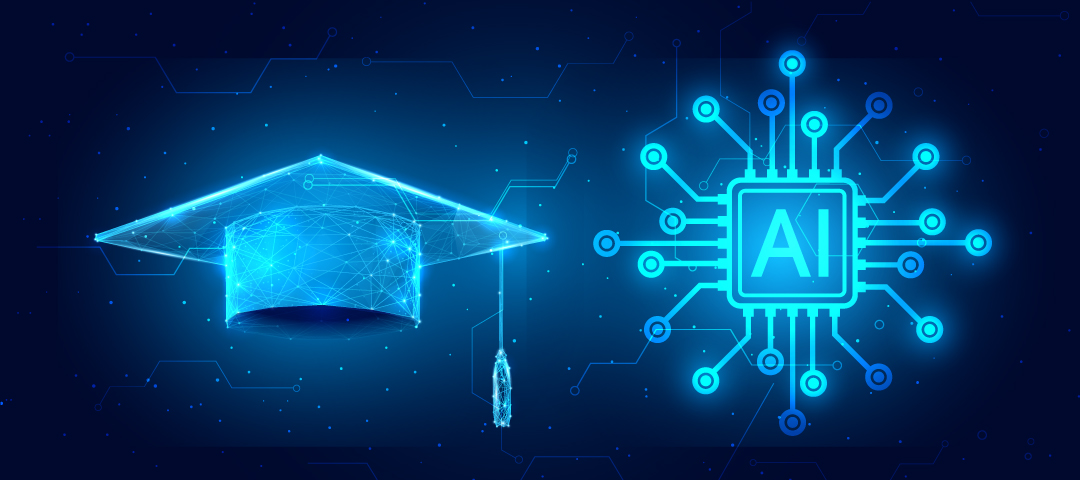 Square academic cap and AI computer chip