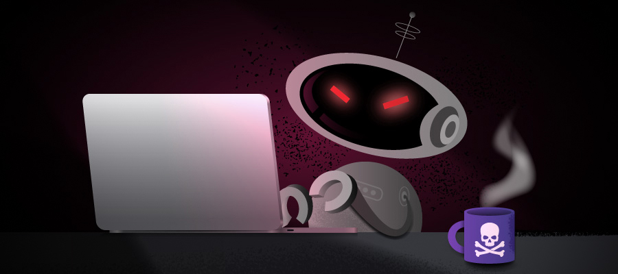 Evil-looking robot with a laptop