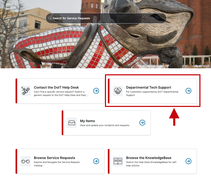 WiscIT portal page with "Departmental Tech Support" option highlighted