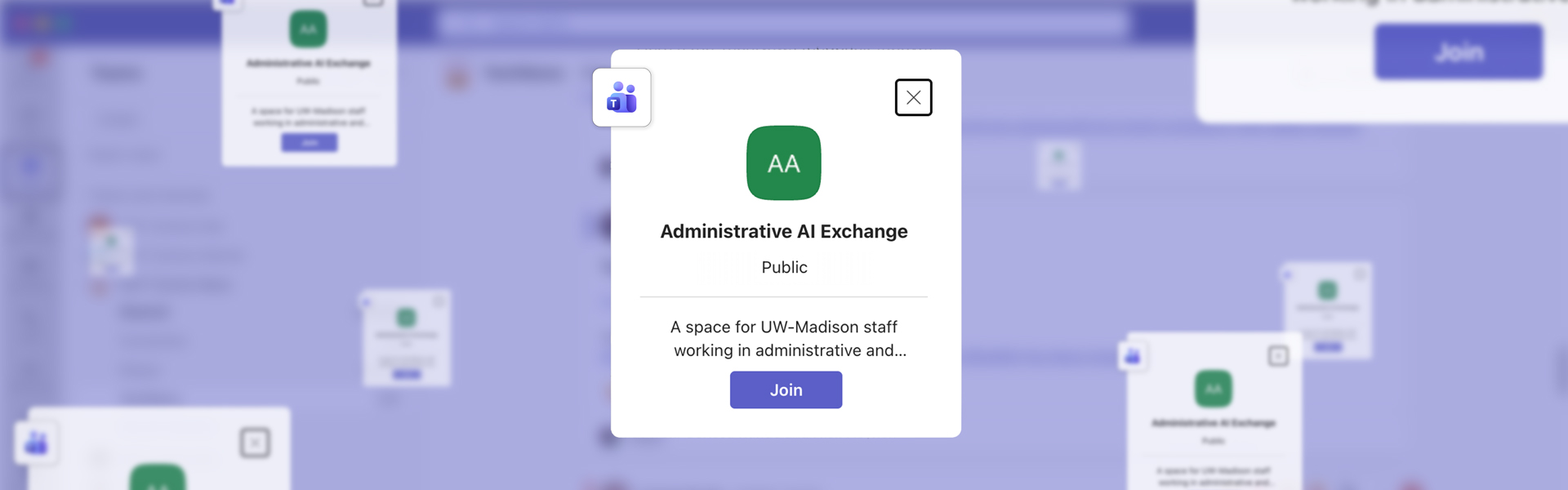 A Microsoft Teams pop-up card prompts users to join Administrative AI Exchange.