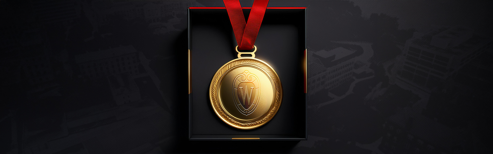 UW–‍Madison gold medal on a background of campus.
