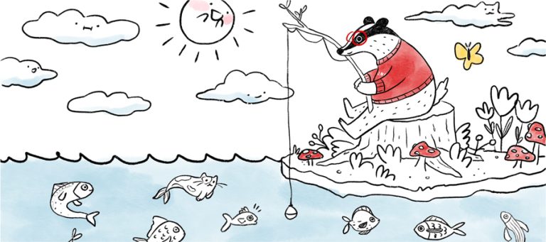 Cute badger fishing in a pond.
