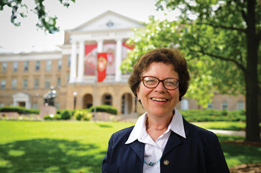 Chancellor Rebecca Blank in front of Bascom Hall.