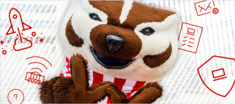 Bucky showing Wisconsin W hands with DoIT guide icons