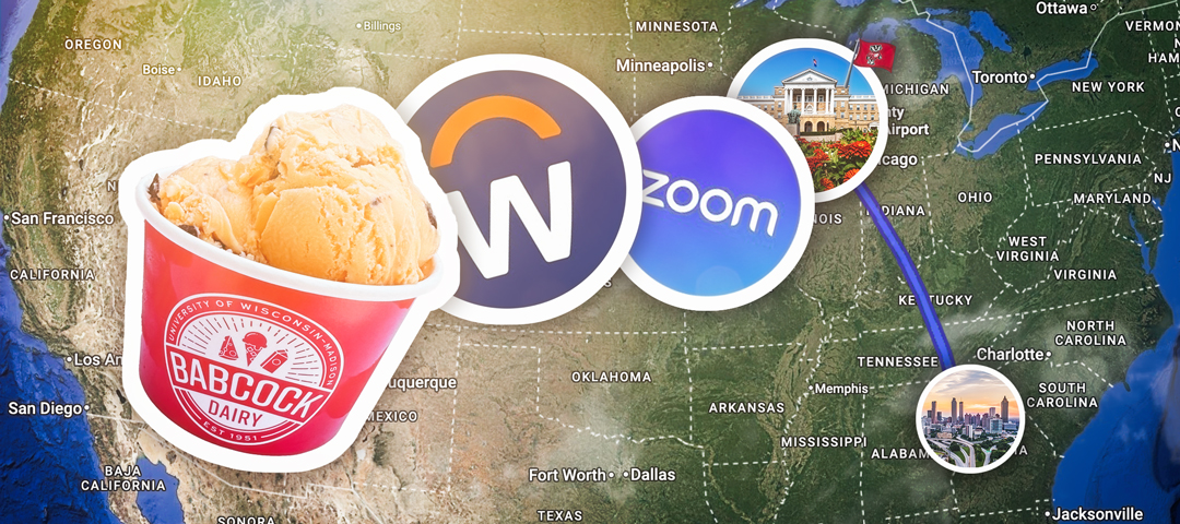 A map of the USA with a route from Atlanta Georgia to Madison Wisconsin with the Zoom logo, Workday logo and a cup of Babcock ice cream.