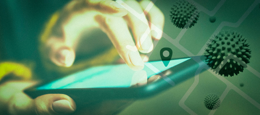 Person using smartphone with virus superimposed over