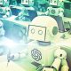Cute humanoid robots sit at desks holding pens in a classroom.