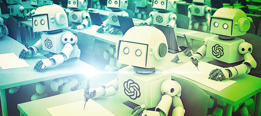 Cute humanoid robots sit at desks holding pens in a classroom.