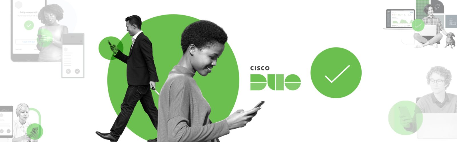 Professional looking employees happily using Cisco Duo 2-factor authentication.