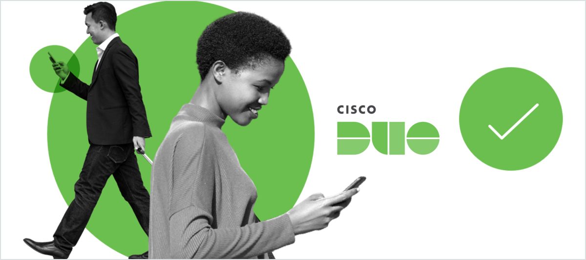 Professional looking employees happily using Cisco Duo 2-factor authentication.