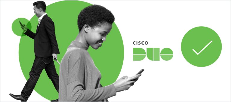Professional looking employees happily using Cisco Duo 2-factor authentication.