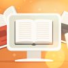 a computer monitor and multiple textbooks set against a orange to yellow gradient background.