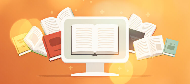 An illustration of a computer monitor and multiple textbooks set against a background that fades from dark orange to yellow.