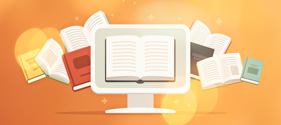 a computer monitor and multiple textbooks set against a orange to yellow gradient background.