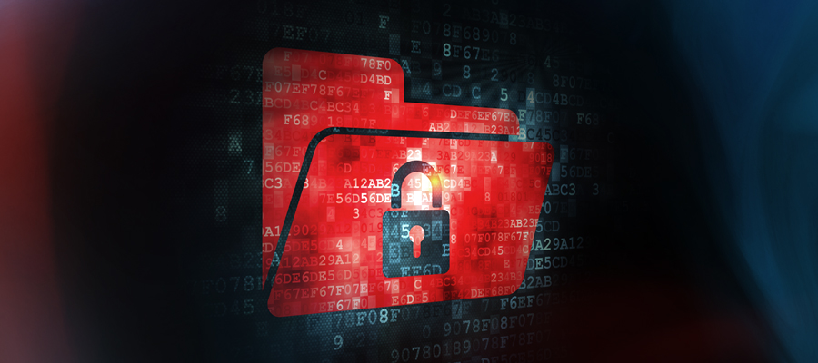 Red file folder with a black lock icon, with strings of code in the background