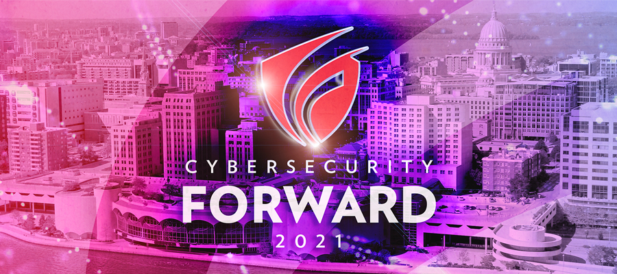 Aerial photo of Madison Wisconsin including Monona Terrace and the Wisconsin State Capitol with the Cybersecurity Forward motion shield logo.