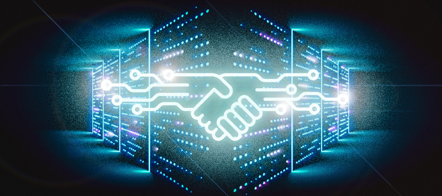 Digital handshake superimposed over a data center