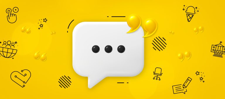 White talk bubble with quotation marks, surrounded by smaller icons ranging from an ice cream cone to an office chair to a campus building.