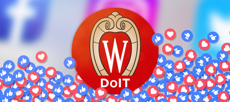 DoIT with UW crest surrounded by likes and hearts.