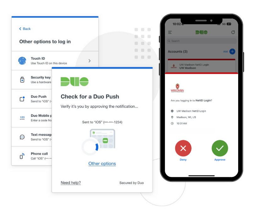 MFA-Duo mobile interface showing login options menu, push notification screen, and mobile app with Approve/Deny buttons for UW–Madison NetID login.