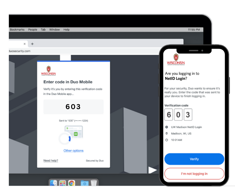 Duo Verified Push passcode verification. Left: computer browser displaying a 3-digit code. Right: smartphone displaying a matching code.