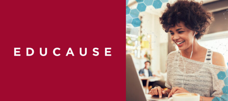 Educause logo with photo of woman using laptop