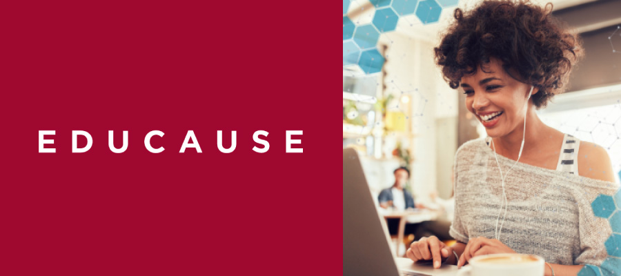 Educause logo with photo of woman using laptop