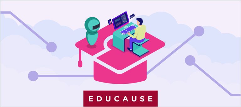 Educause, cyber graduation cap, human working on a computer with a robot nearby