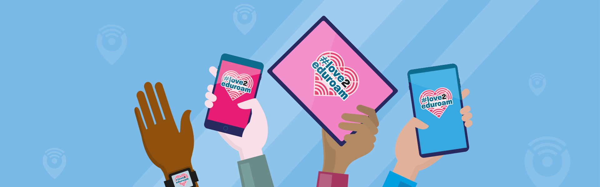 Hands holding mobile devices and a smartwatch displaying the #love2eduroam heart logo.