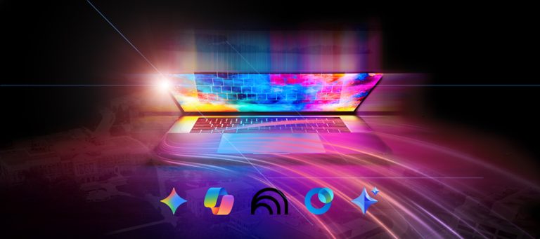 Laptop opening with colorful light streaks and the enterprise AI tool icons.