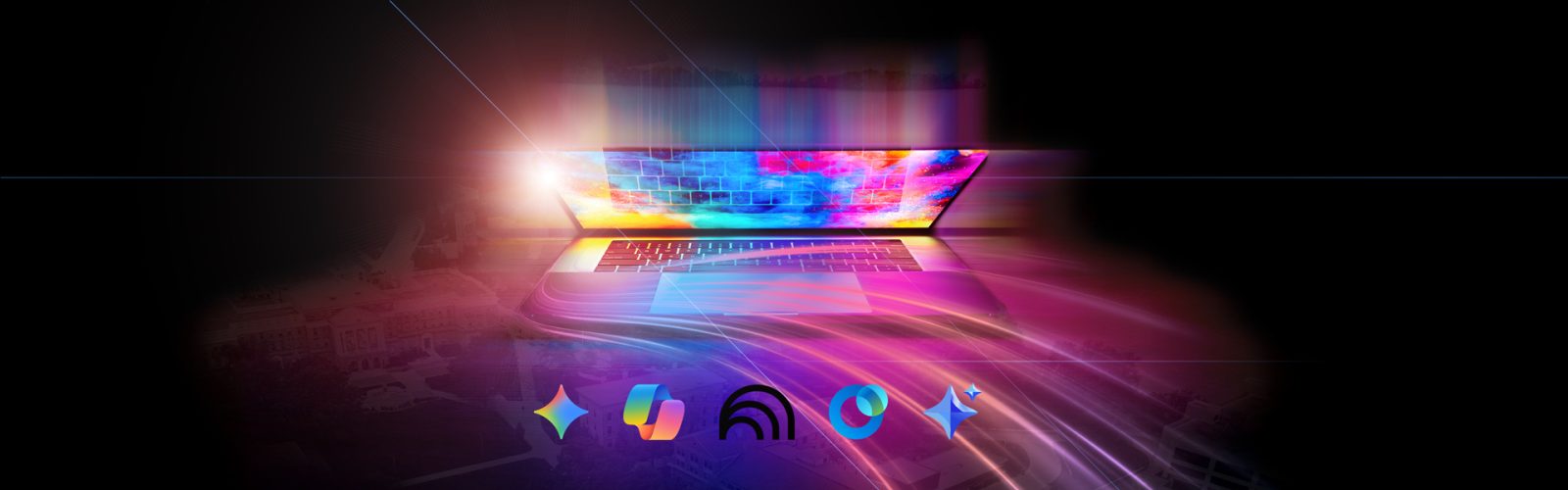 Laptop opening with colorful light streaks and the enterprise AI tool icons.