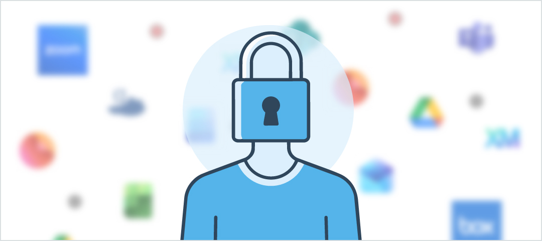 A lock-headed figure surrounded by app icons, representing user identity protection.