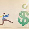 Person chasing after a dollar sign-shaped phishing hook