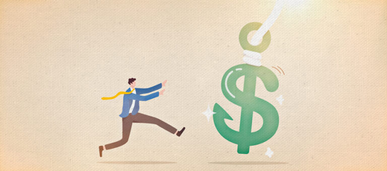 Person chasing after a dollar sign-shaped phishing hook