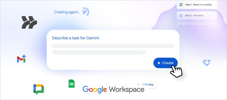 A cursor clicks "Create" to build a Gemini task workflow.