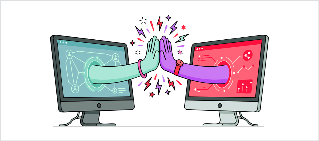 Two hands reaching out from computer screens to high five.