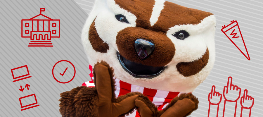Bucky Badger giving "W" sign