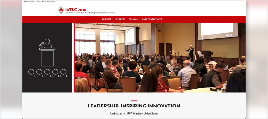 I&TLC 2108 conference site home page. A photo of a conference hall with someone speaking at a podium.