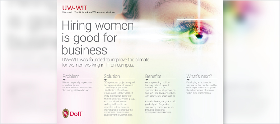 A woman’s face with the headline "Hiring women is good for business. UW-WIT was founded to improve climate for women working in IT on campus."