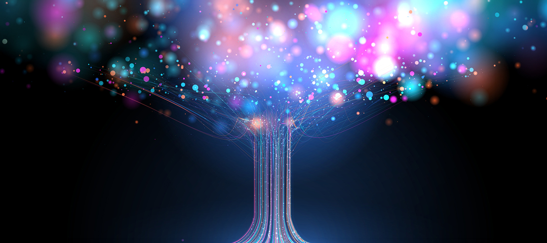 Glowing tree of digital light and multicolored shimmering bokeh particles.
